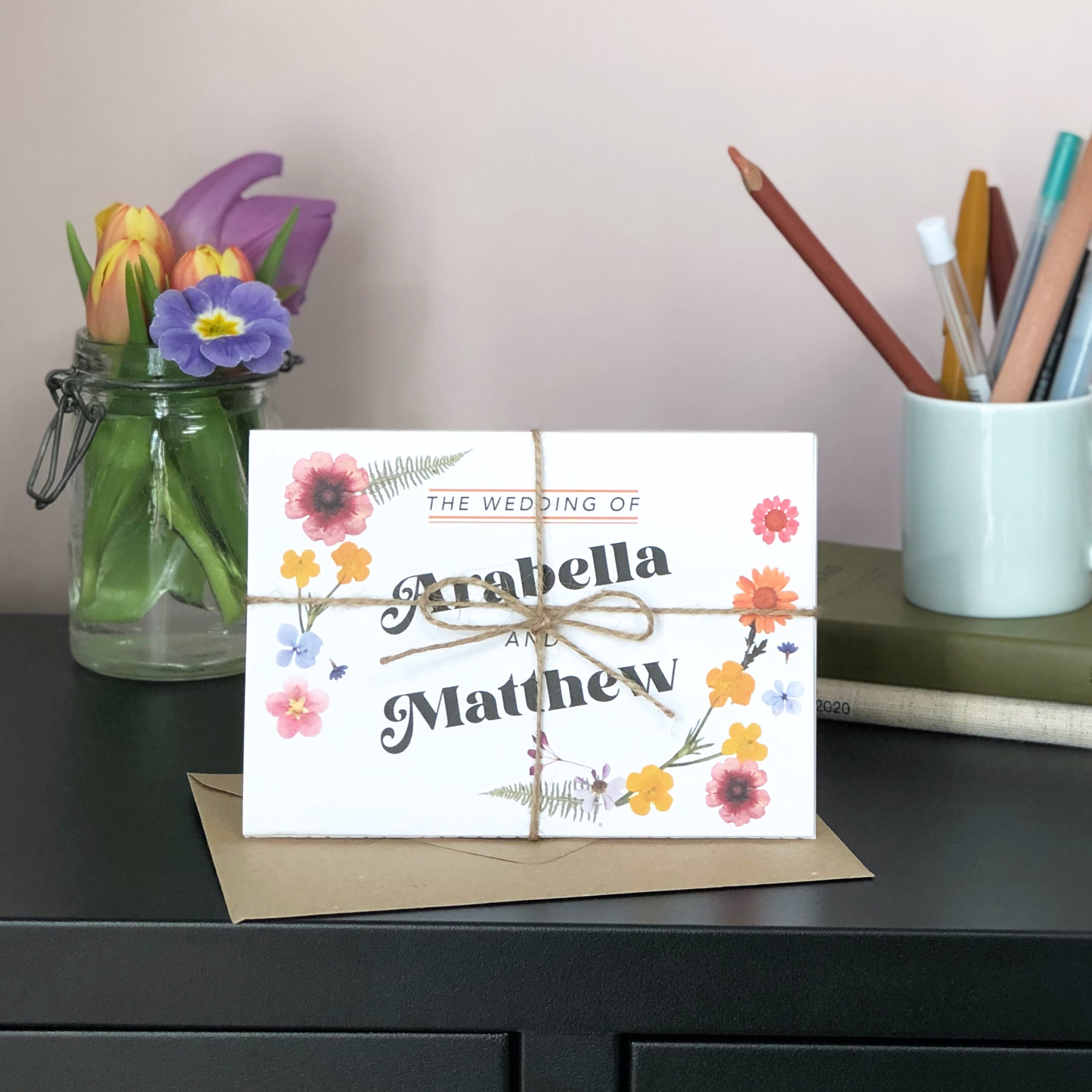 Retro Style Pressed Flower Wedding Invitation