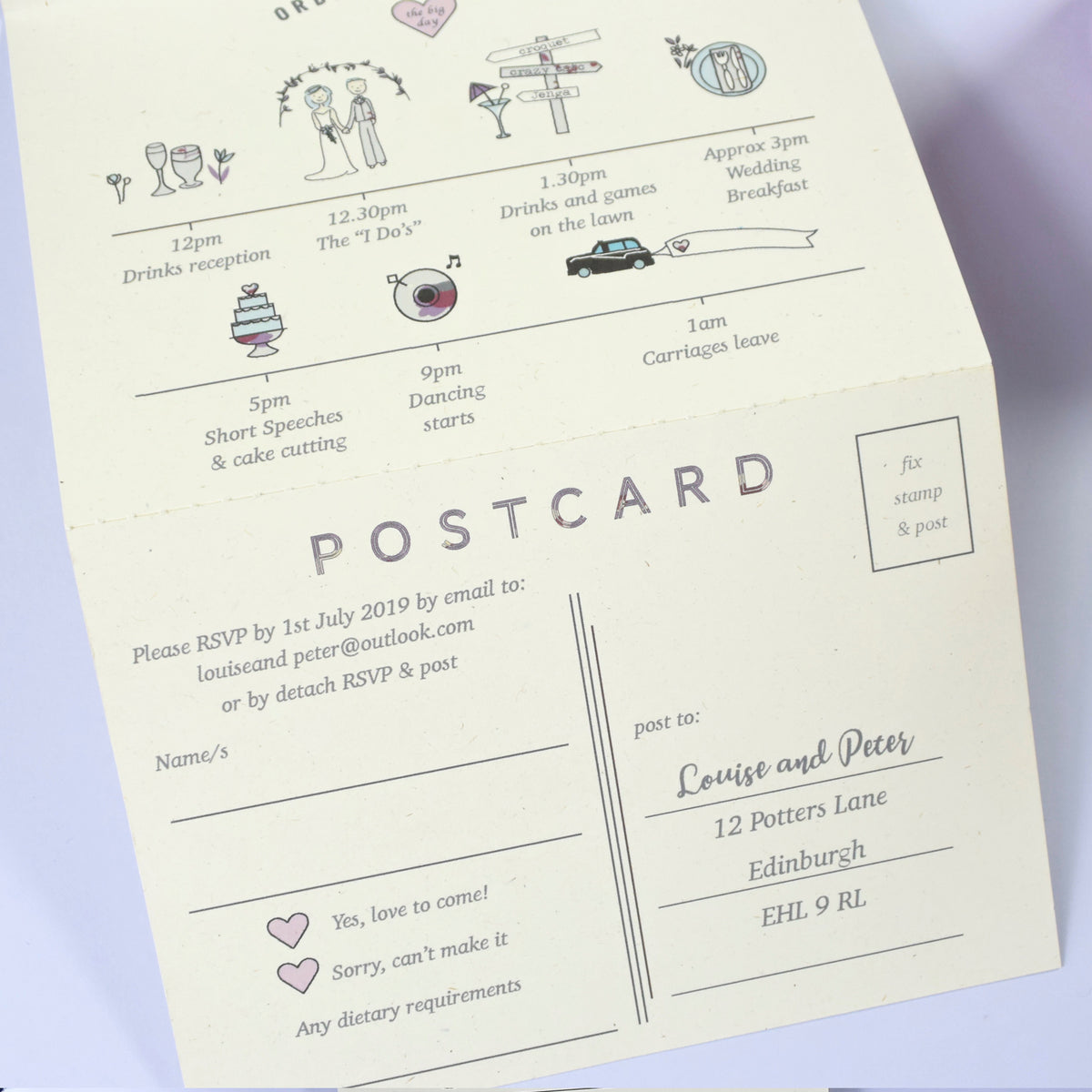 BESPOKE ILLUSTRATED FOLDED WEDDING INVITATION WITH TIMELINE