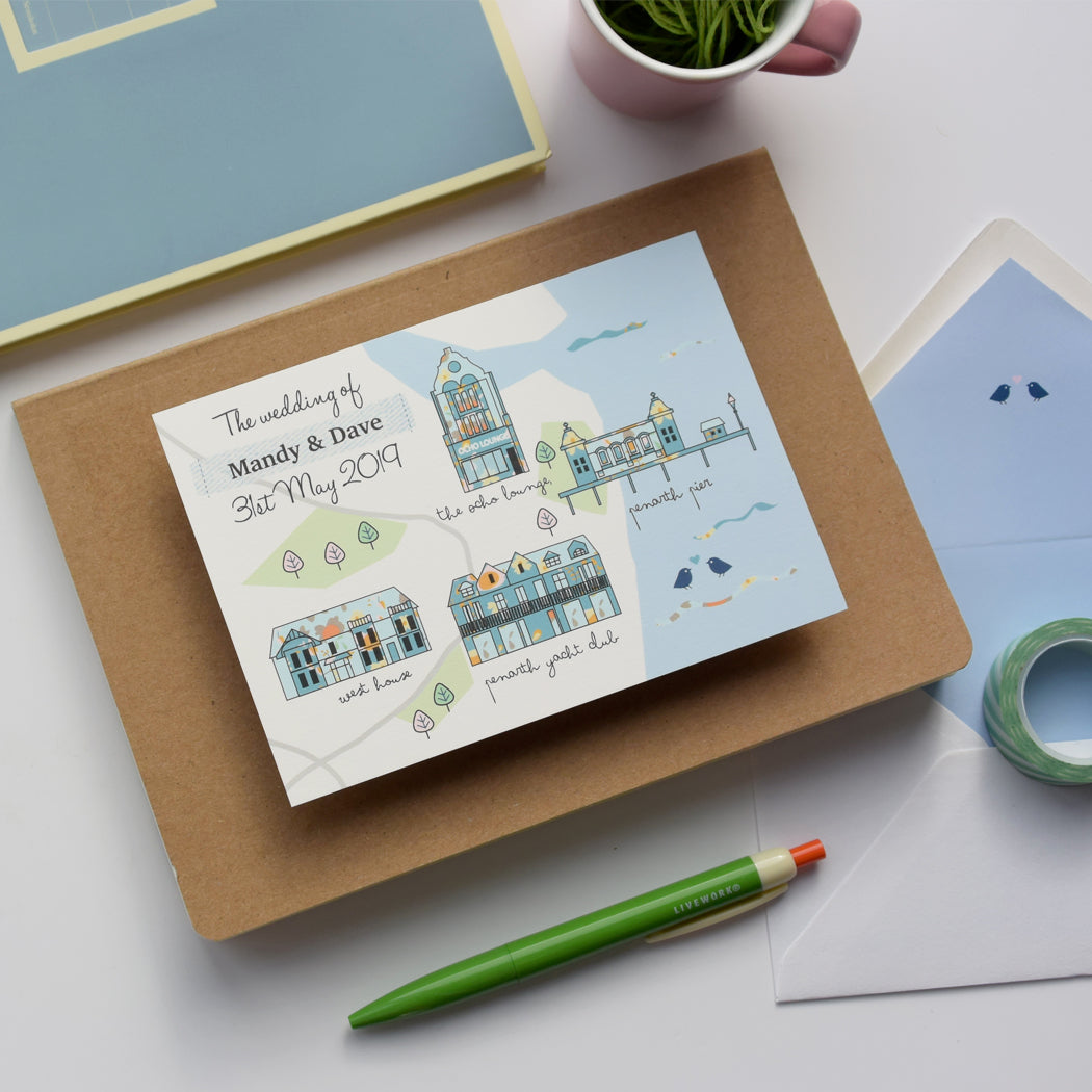 Seaside themed bespoke map invitation