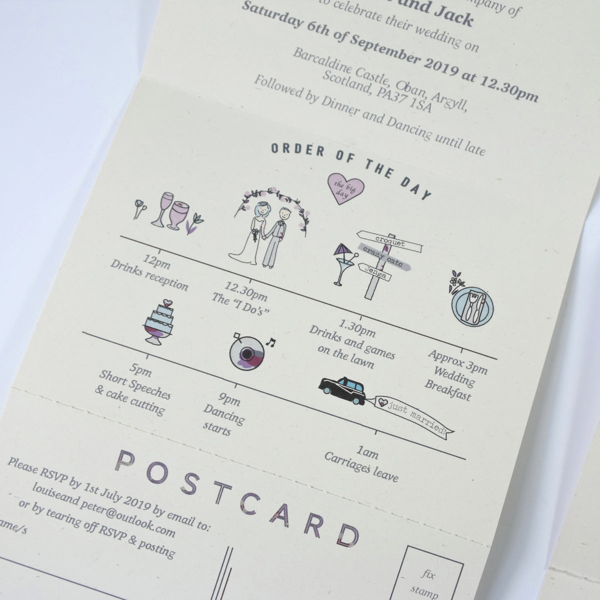 BESPOKE ILLUSTRATED FOLDED WEDDING INVITATION WITH TIMELINE