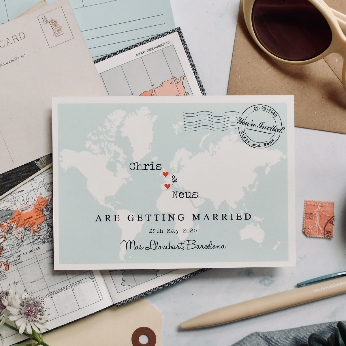 TRAVEL INSPIRED WORLD MAP WEDDING INVITATION